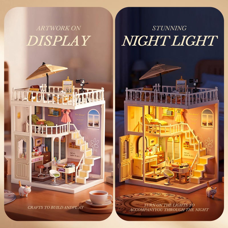 Qudify DIY Miniature House Kit Beauty Salon â€“ 203 Piece Tiny House Dollhouse Mini Room with LED Light, Nail Art Studio & Makeup Room, Cozy Creative Craft Gift for Kids 8+ & Teens - Image 3