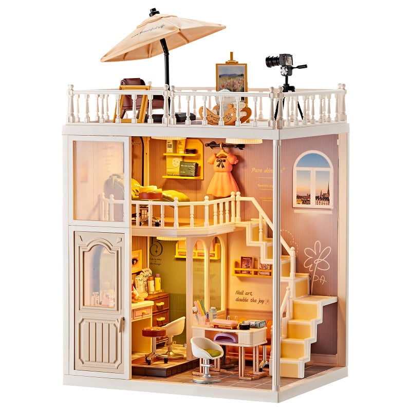 Qudify DIY Miniature House Kit Beauty Salon â€“ 203 Piece Tiny House Dollhouse Mini Room with LED Light, Nail Art Studio & Makeup Room, Cozy Creative Craft Gift for Kids 8+ & Teens - Image 1