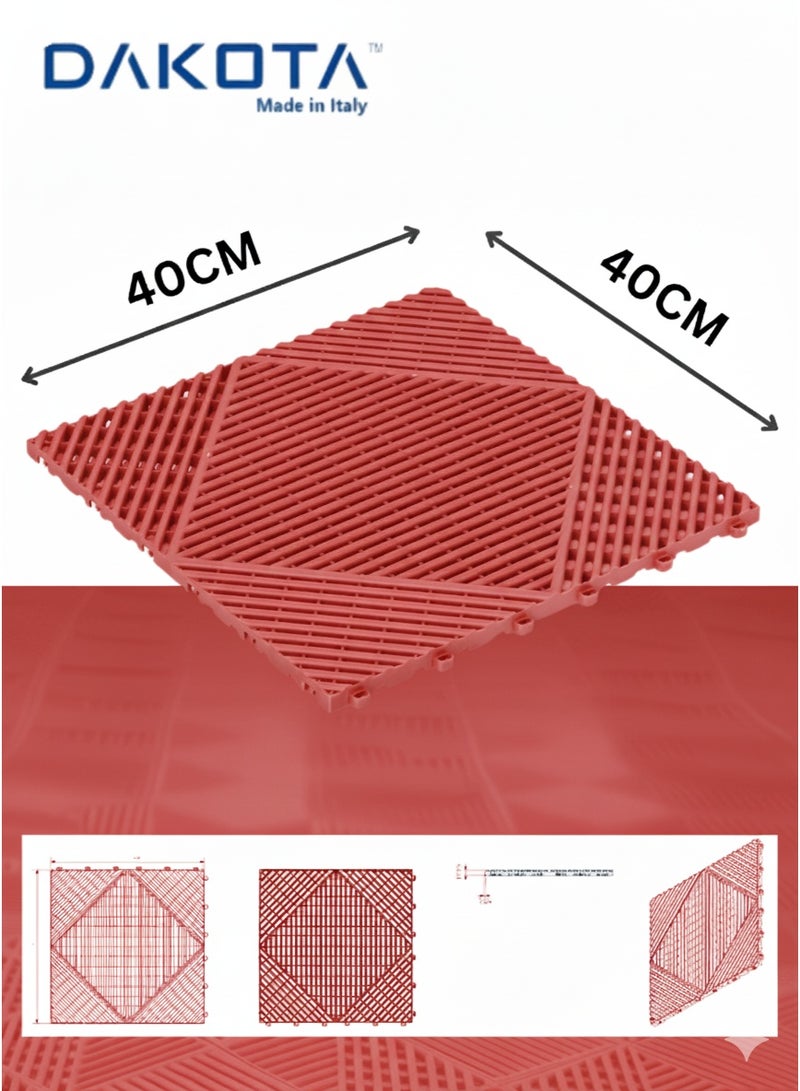 Dakota 8 Pack Interlocking Non-Slip Drainage Floor Tiles, 40×40 cm Soft PVC Bath & Shower Floor Mat | Non-Slip, Water-Resistant, Drainage Holes | Red | Ideal for Garden,Sevice Center,Bathroom, Kitchen, Pool & Wet Areas – Made in Italy - Image 1