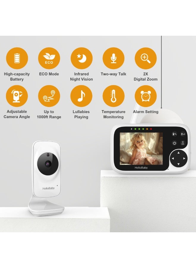 Hellobaby HB2031 2025 Model Video Baby Monitor 3.2'' LCD Display Screen with Camera, Infrared Night Vision, Two Way Talk, VOX Mode, Built-in Lullabies, Long Range 1000 Feet and Temperature Monitoring - Image 2