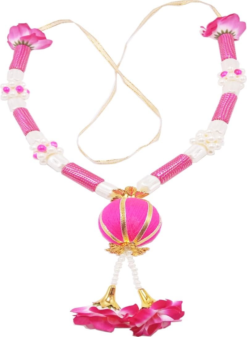 CLICKSWIFT قلادة زهور صناعية من كليكسويفت باللونين الوردي والأبيض مع خرز للصور والأصنام، زينة ريبون للصور للأحباء، قلادة تقليدية، ملابس تنكرية، حفلات زفاف، غرفة بوجا، 39 سم، 1 قطعة - Image 2