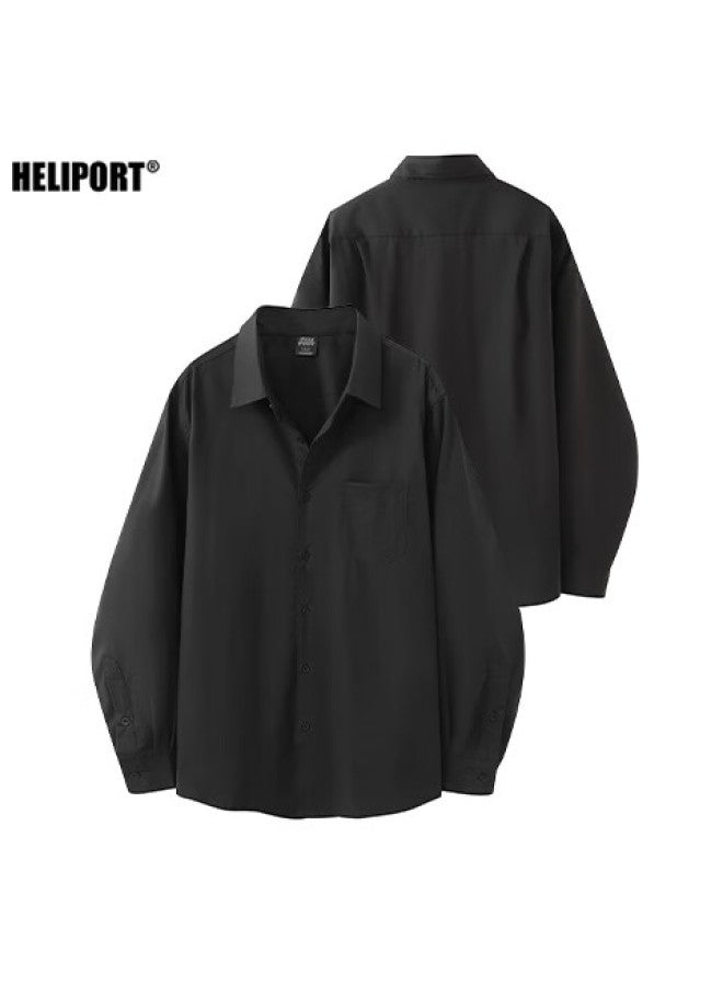 Heliport Korean Trendy Stylish Solid Color Casual Simple Loose Lapel High-end Long-sleeve Shirt, Black, Size S - Image 1