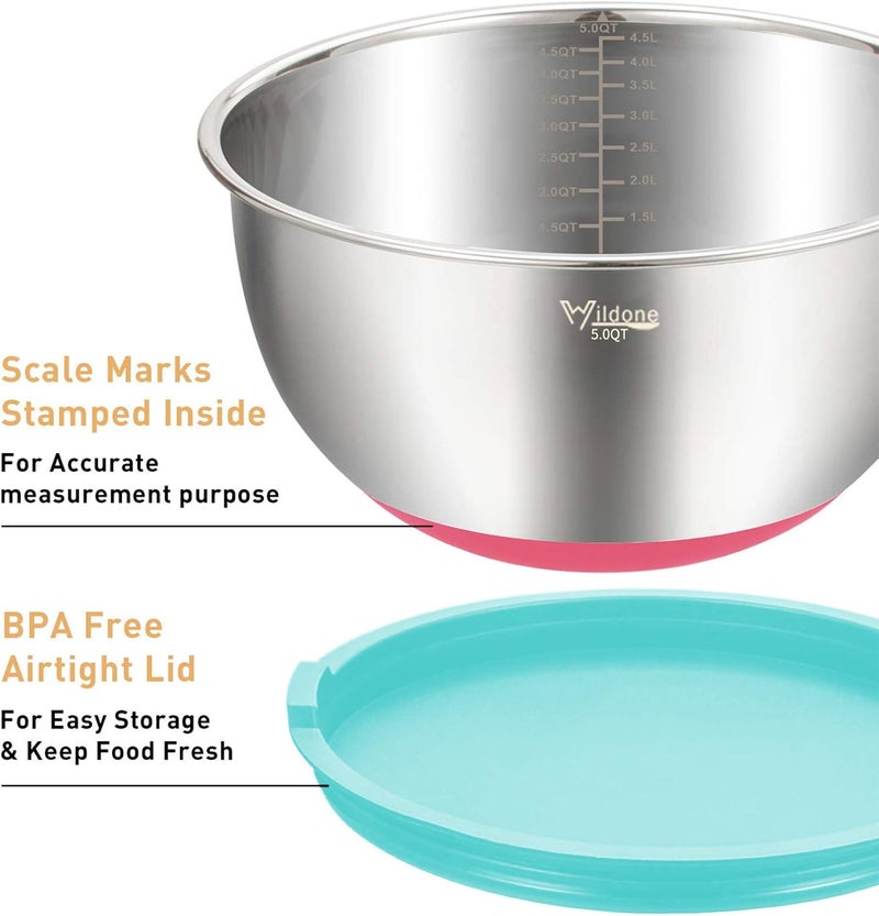 Wildone Mixing Bowls with Lids Set, 5PCS Stainless Steel Colorful Nesting Bowls with 3 Grater Attachments, Measurement Marks & Non-Slip Bottoms, Size 5, 3, 2, 1.5, 0.63 QT, Great for Mixing & Serving - Image 2
