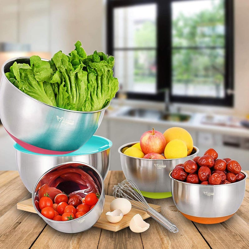 Wildone Mixing Bowls with Lids Set, 5PCS Stainless Steel Colorful Nesting Bowls with 3 Grater Attachments, Measurement Marks & Non-Slip Bottoms, Size 5, 3, 2, 1.5, 0.63 QT, Great for Mixing & Serving - Image 4