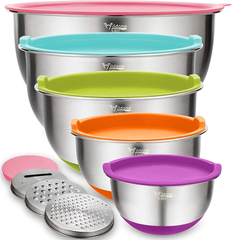 Wildone Mixing Bowls with Lids Set, 5PCS Stainless Steel Colorful Nesting Bowls with 3 Grater Attachments, Measurement Marks & Non-Slip Bottoms, Size 5, 3, 2, 1.5, 0.63 QT, Great for Mixing & Serving - Image 1