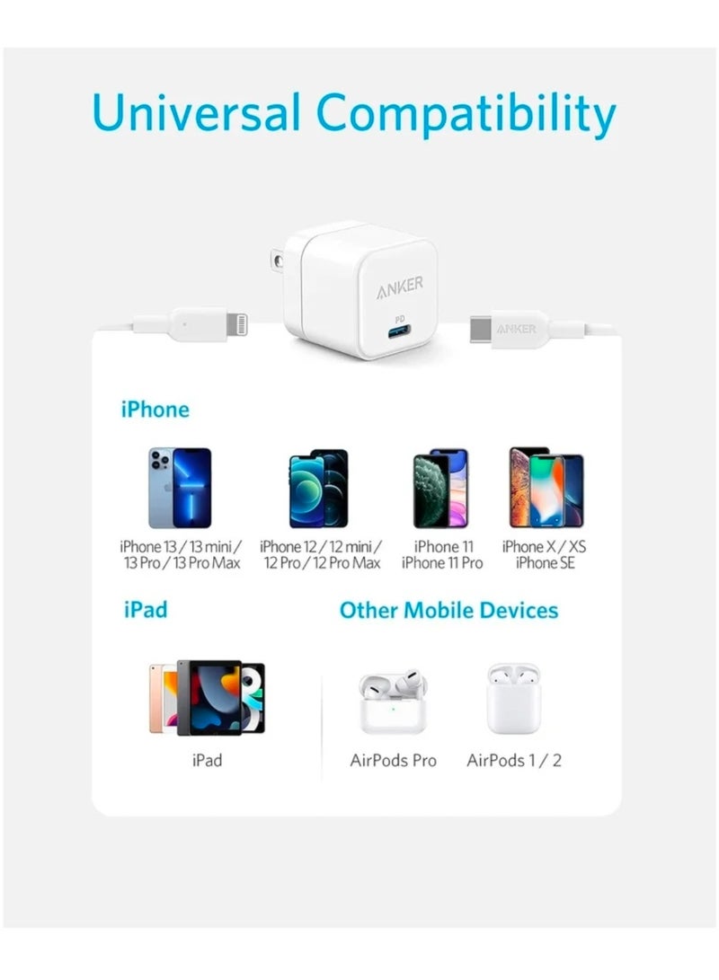 أنكر Anker USB-C Fast Charger with Foldable Plug, PowerPort III 20W Cube Charger with Type-C to Lightning Cable for iPhone 14/14 Plus/14 Pro/14 Pro Max/13, Galaxy, iPad/iPad Mini and More White - Image 4