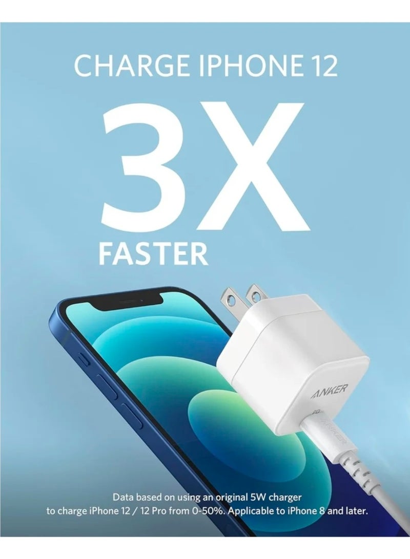 أنكر Anker USB-C Fast Charger with Foldable Plug, PowerPort III 20W Cube Charger with Type-C to Lightning Cable for iPhone 14/14 Plus/14 Pro/14 Pro Max/13, Galaxy, iPad/iPad Mini and More White - Image 5