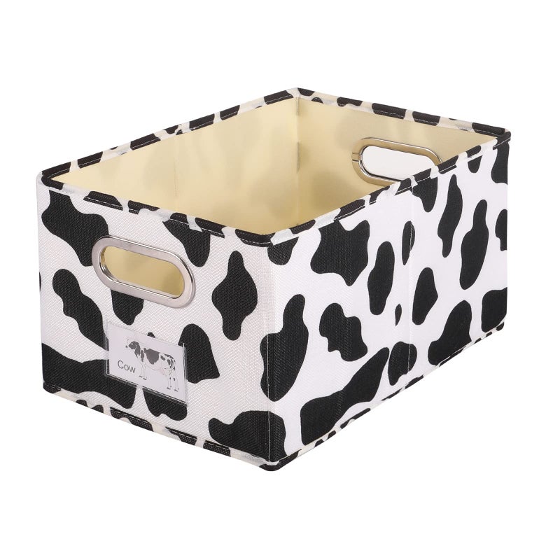 ANMINY Fabric Storage Bin Cow Print Cotton Linen Foldable Open Storage Basket Box with Handles PP Plastic Board Label Window Pocket Decorative Washable Desktop Closet Shelf Organizer Container - Small - Image 1