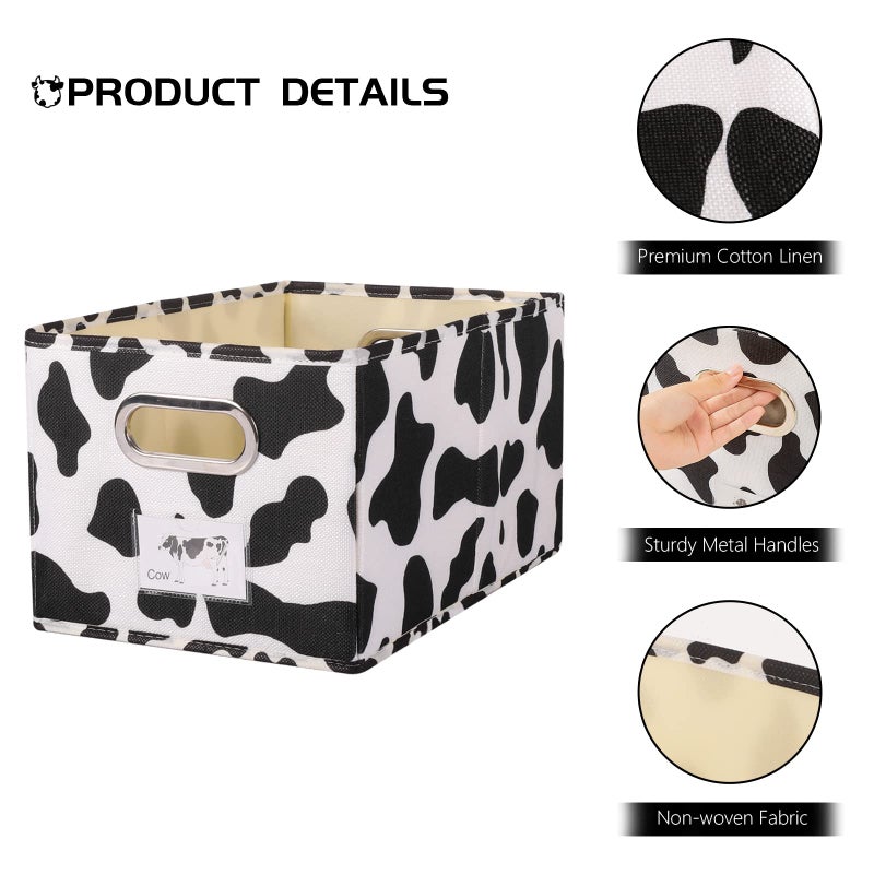 ANMINY Fabric Storage Bin Cow Print Cotton Linen Foldable Open Storage Basket Box with Handles PP Plastic Board Label Window Pocket Decorative Washable Desktop Closet Shelf Organizer Container - Small - Image 4