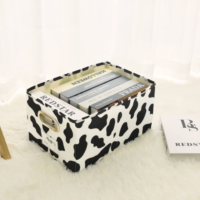 ANMINY Fabric Storage Bin Cow Print Cotton Linen Foldable Open Storage Basket Box with Handles PP Plastic Board Label Window Pocket Decorative Washable Desktop Closet Shelf Organizer Container - Small - Image 2