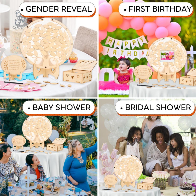 RANERVZ 86pcs Wedding Guest Book Alternative Wooden Guest Sign in Tree Frame Baby Shower Party Decorations Tree of Life Guestbook Sign Decors for Bridal Shower Welcome Baby Gender Reveal Pregnancy Keepsake - Image 3