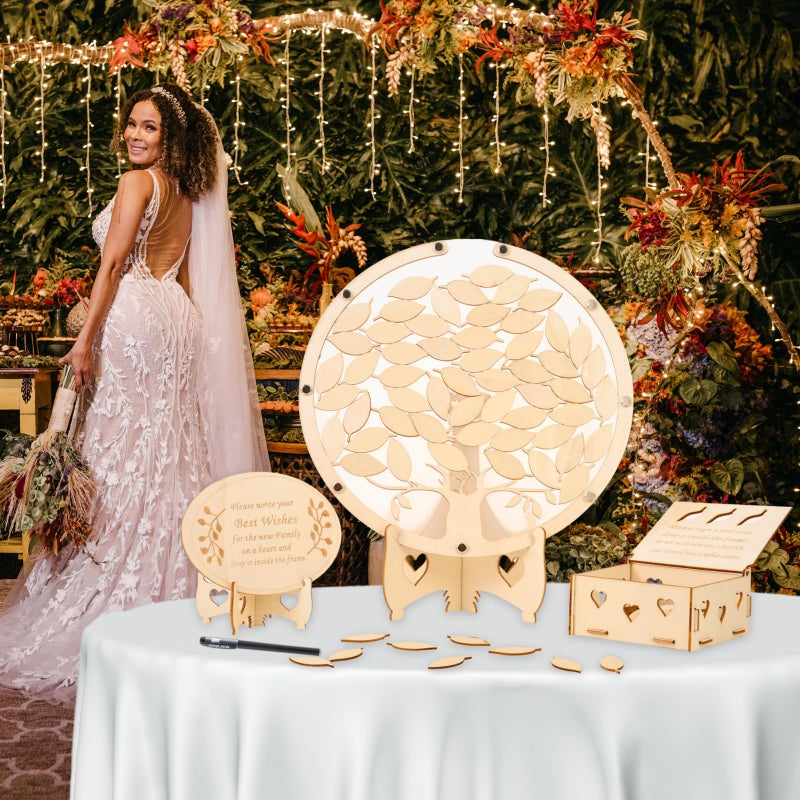 RANERVZ 86pcs Wedding Guest Book Alternative Wooden Guest Sign in Tree Frame Baby Shower Party Decorations Tree of Life Guestbook Sign Decors for Bridal Shower Welcome Baby Gender Reveal Pregnancy Keepsake - Image 1
