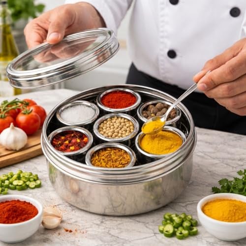 VISAXMI Premium Stainless Steel Masala Box | 7 in 1 Masala Dabba | Steel Spice Box | Masala Container for Kitchen | 20.5cm Diameter - Image 3