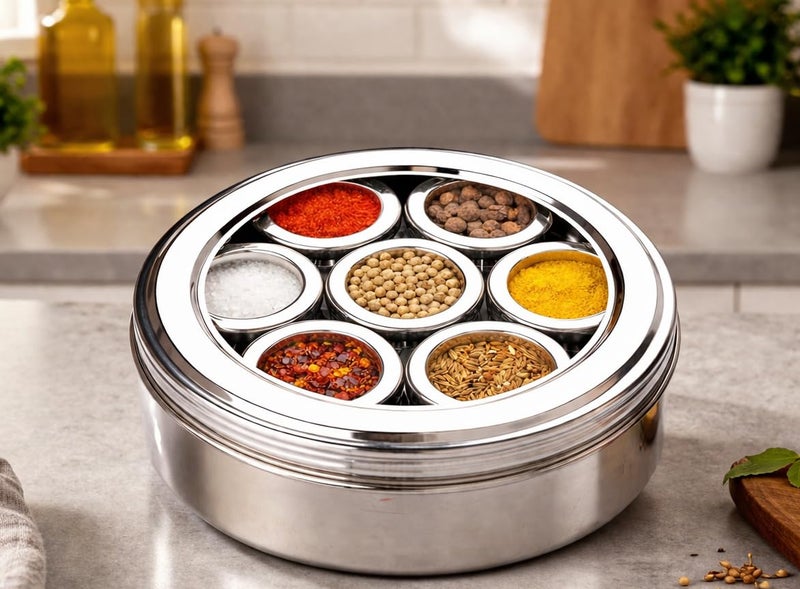 VISAXMI Premium Stainless Steel Masala Box | 7 in 1 Masala Dabba | Steel Spice Box | Masala Container for Kitchen | 20.5cm Diameter - Image 1