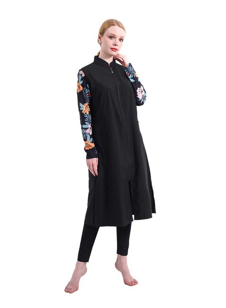Loquat 3 Piece Digital Printed Swimsuit Conservative Loose Zipper Southeast Asian Swimsuit Black - Image 1