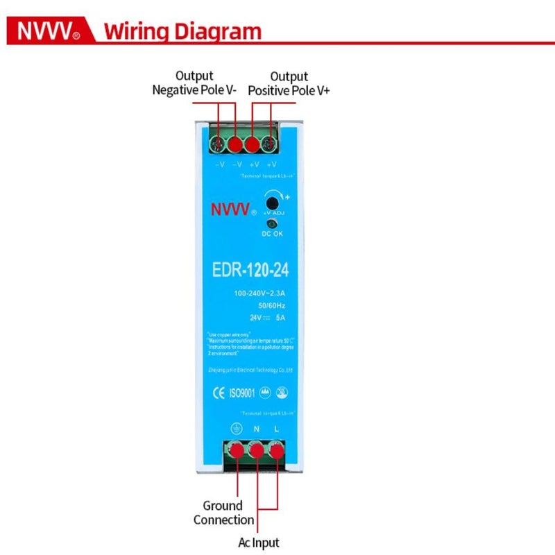 NVVV EDR-120-24 120W 24VDC 5Amp Industrial DIN Rail Power Supplies (24V 120W) - Image 4
