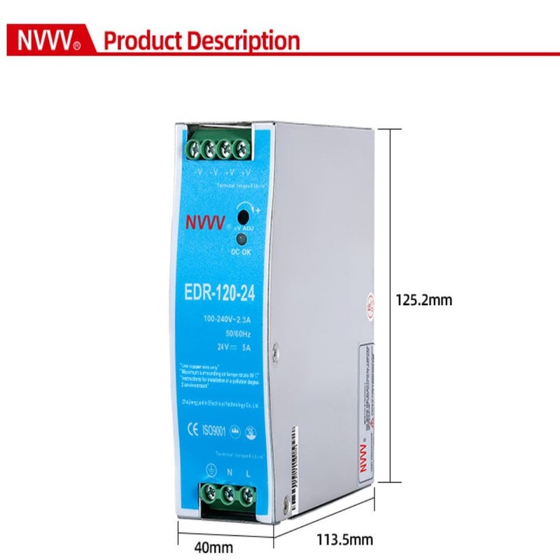 NVVV EDR-120-24 120W 24VDC 5Amp Industrial DIN Rail Power Supplies (24V 120W) - Image 3