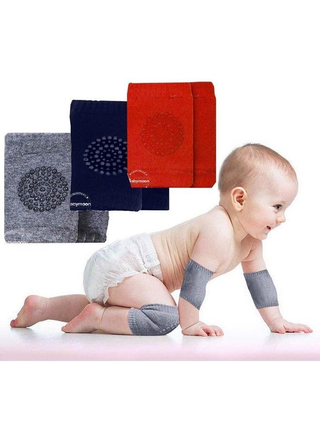 BabyMoon Baby Knee Pads For Crawling Anti Slip Padded Stretchable Elastic Cotton Soft Breathable Comfortable Knee Cap Elbow Safety Protector (Pack Of 3 Pairs Red Blue & Grey)  - Image 2