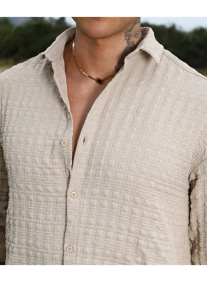 Campus Sutra Men's Saltbox Beige Dimentional-Textured Shirt For Casual Wear | Spread Collar | Long Sleeve | Button Closure | Shirt Crafted With Comfort Fit For Everyday Wear