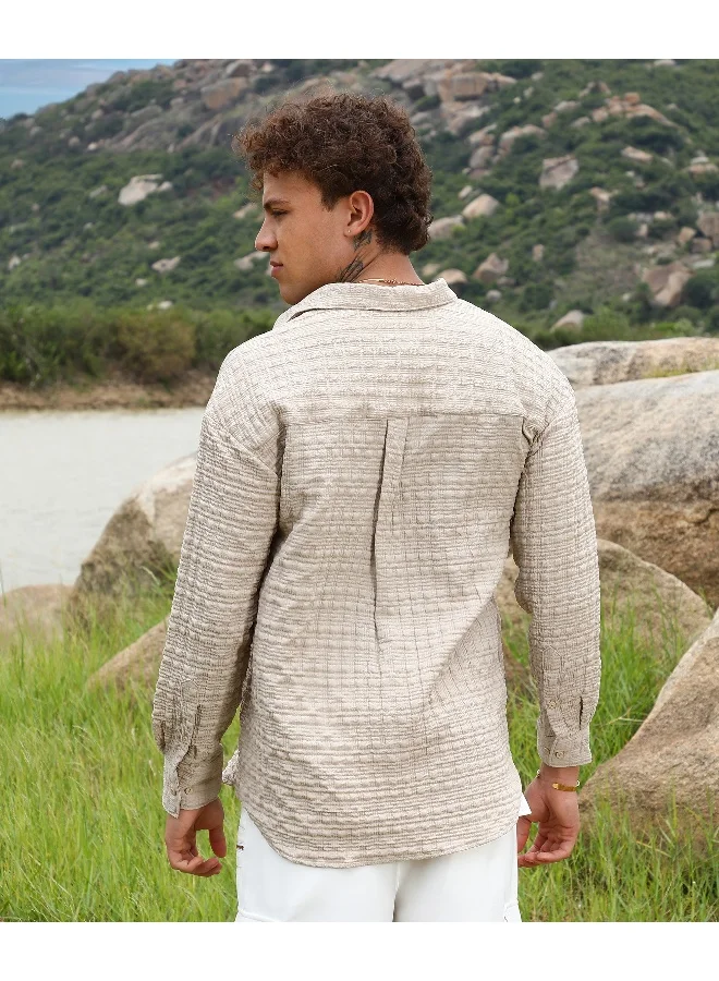 Campus Sutra Men's Saltbox Beige Dimentional-Textured Shirt For Casual Wear | Spread Collar | Long Sleeve | Button Closure | Shirt Crafted With Comfort Fit For Everyday Wear