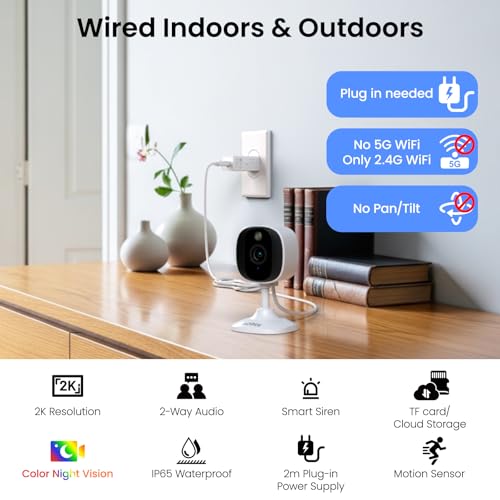 AOQEE 2K Cameras for Home Security-Outdoor/Indoor Camera for Dog/Cat/Pet/Nanny/Baby/Elderly, Color Night Vision, White Light, Siren, 24/7 SD Recordings, Works with Alexa, Plug in (C1-White-2pack-2.4G) - Image 2