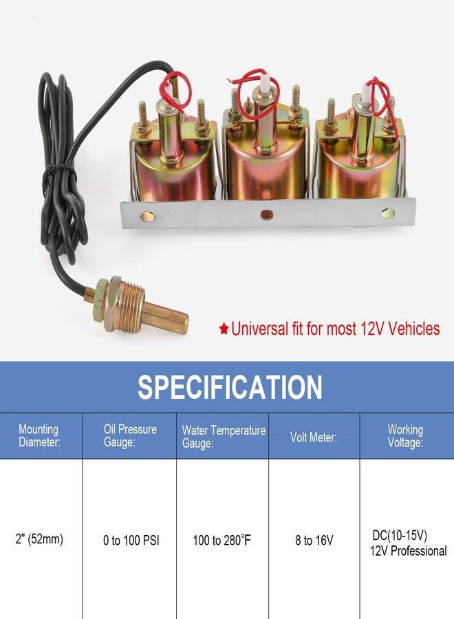 JDMSPEED مجموعة عدادات ثلاثية بحجم 2 بوصة من JDMSPEED - ضغط الزيت، درجة حرارة الماء، مقياس الفولت (زيت: 0-100 PSI، ماء: 100-280F، فولت: 8-16V) - تناسب GM، فورد، موپار والمزيد - Image 2