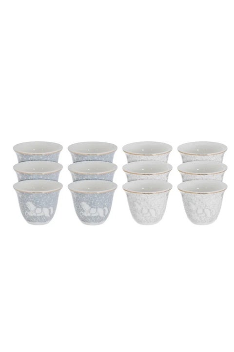 Al Saif Gallery Arabic Coffee Cups Set, 12 Pieces, 90 ml, Horse Pattern - White/Grey