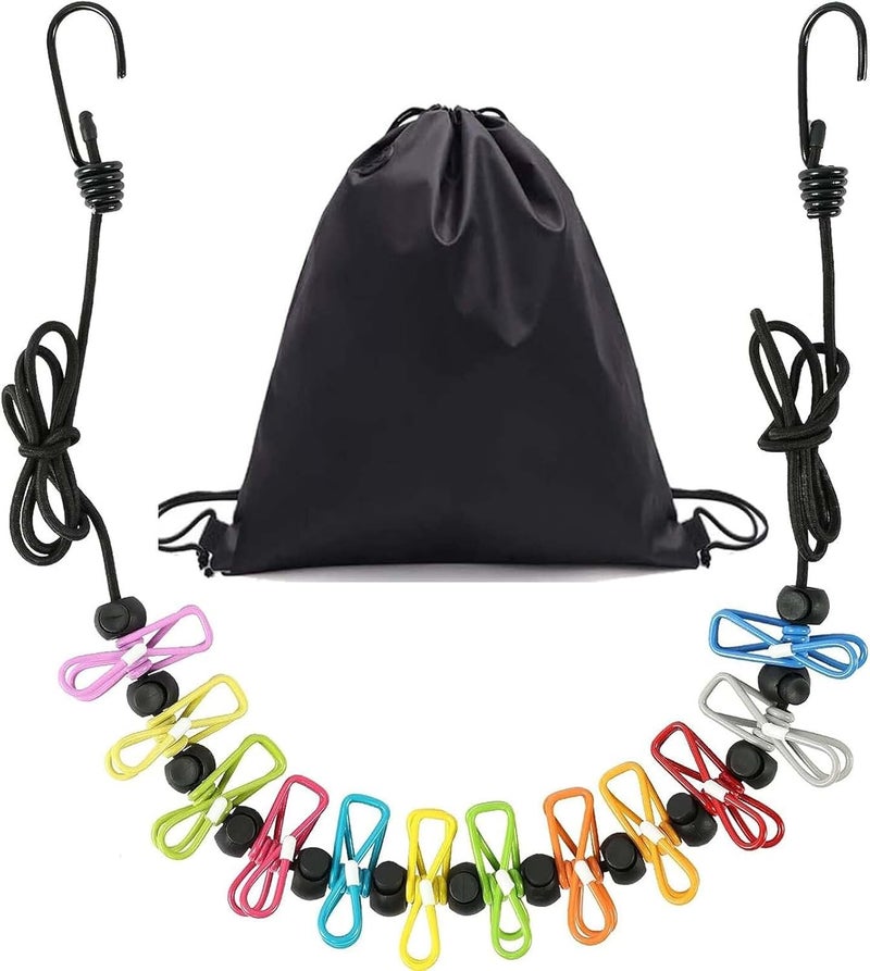 Portable Retractable Clothesline with 12 Colorful Clips & Carry Bag - Image 1