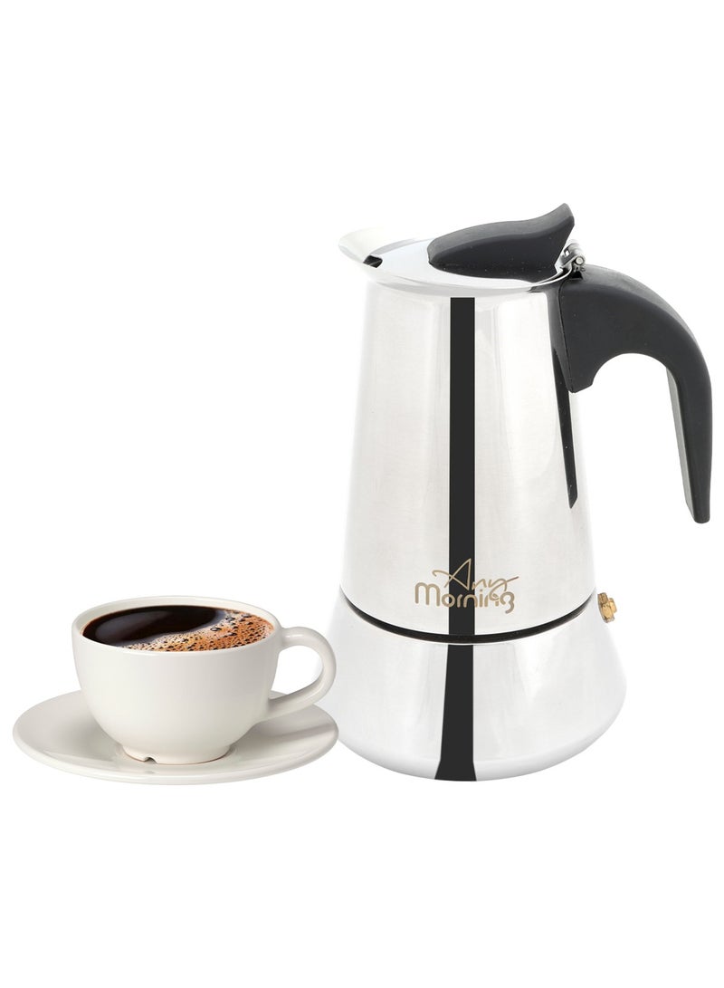 آني مورننغ صانعة الإسبريسو على الموقد من Any Morning، إبريق موكا، ماكينة القهوة الإيطالية، بيركولاتور القهوة، من الفولاذ المقاوم للصدأ، 6 أكواب، 10 أونصات، 300 مل (فضي، أسود) - Image 1