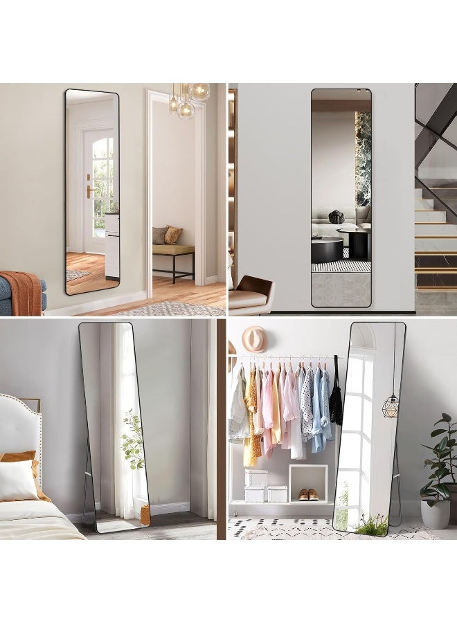 مرآة كاملة الطول 155x45 سم، مرايا أرضية بإطار من سبائك الألومنيوم، مرآة وقوف مستقلة كبيرة لتزيين غرفة النوم، مرآة كاملة الجسم مع حاملة لغرفة المعيشة، غرفة النوم، سوداء