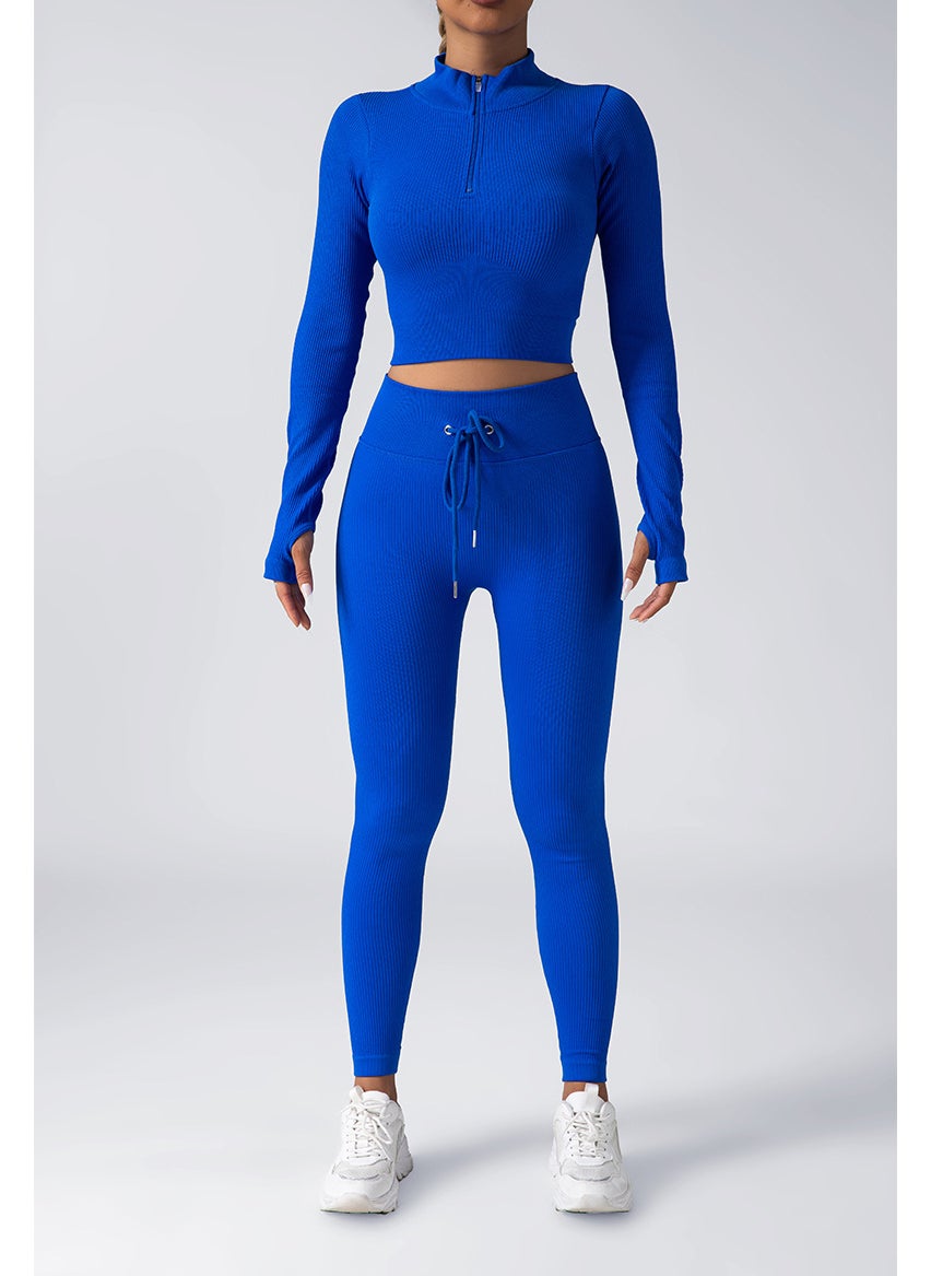 Generic - Seamless Yoga Set Zip Jacket Drawstring Pants Blue Top Trousers suit - Image 1