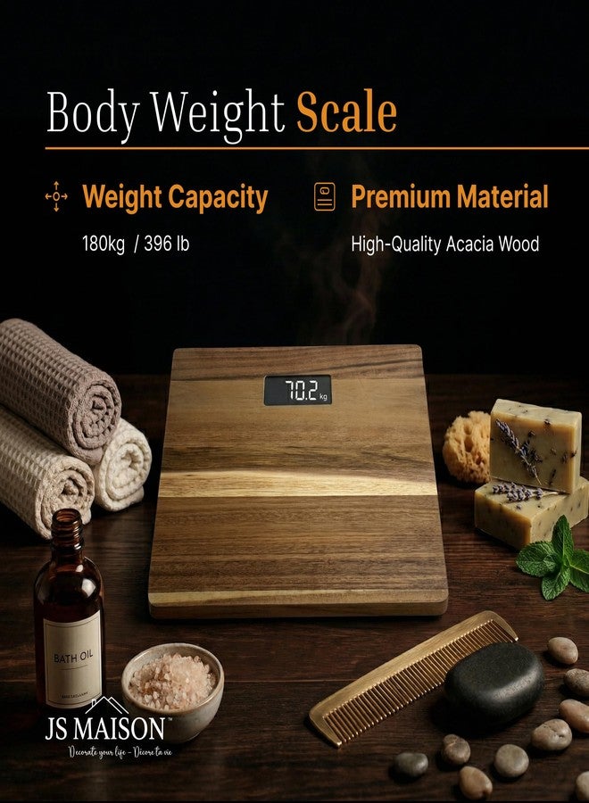 JS Gourmet Acacia Wood Bathroom Body Weight Scale with Digital LCD Display, Maximum Capacity of 396 lbs, Adding a Stylish & Modern Touch to Your Toilet - Image 2