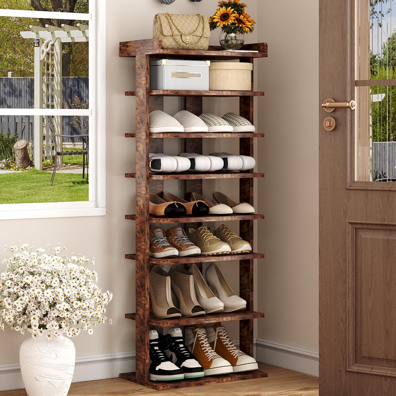 HOMEFORT HOMEFORT 7Tier Wood Shoe Rack Double Rows Shoe Shelf Shoe Storage Stand Entryway Shoe Tower Vertical Shoe Organizer for Narrow Closet Entryway Hallway Rustic Brown