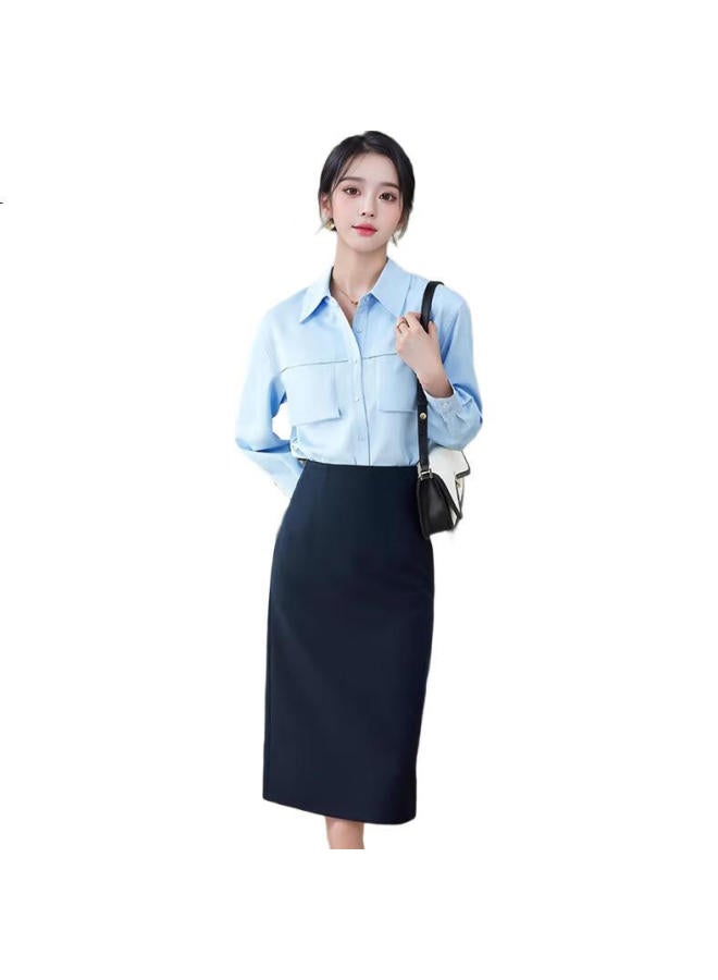 Teluoman Spring And Summer New Wrinkle-Free Suit Skirt Women'S Long Knee-Length Fashion Formal Work Skirt Professional Skirt Navy Blue - Image 3