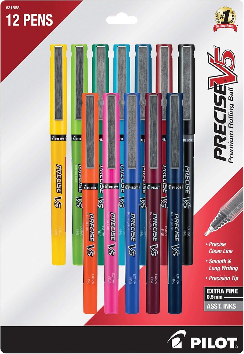 PILOT , Precise V5, Capped Liquid Ink Rolling Ball Pens, Extra Fine Point 0.5 mm, Assorted Colors, Pack of 12 - Image 1