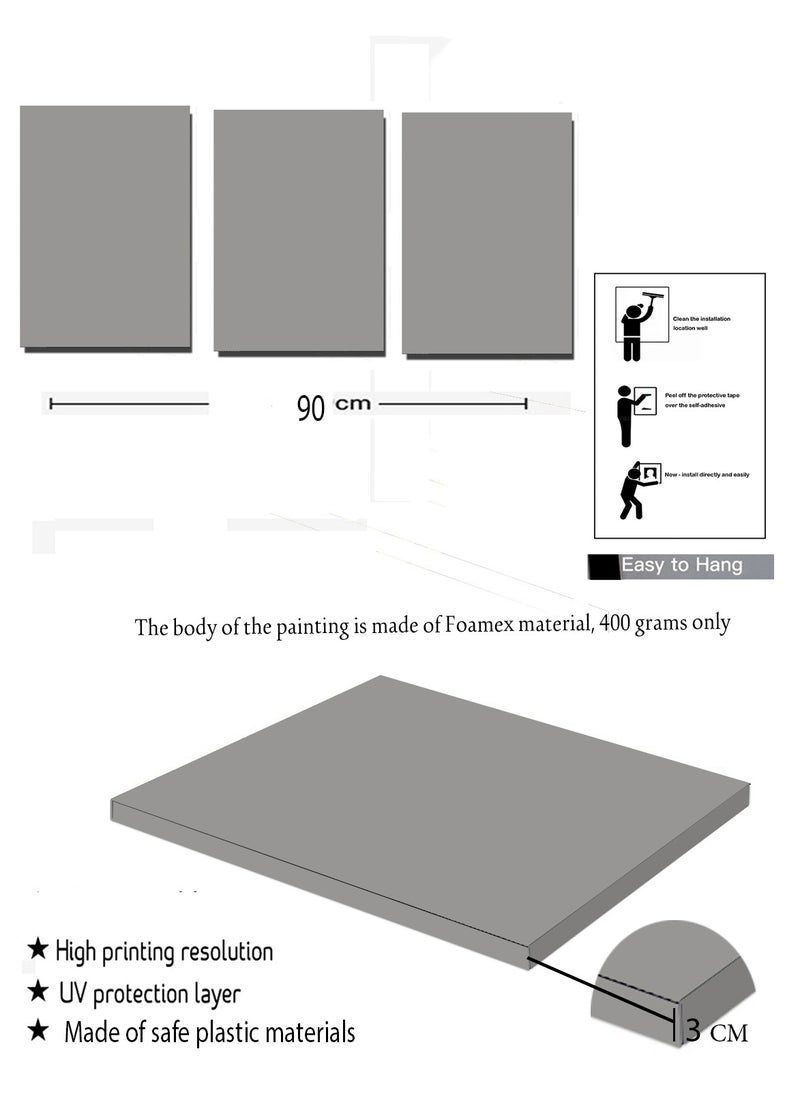 Decorior - Artistic Tableau Modern 3 Pieces 42x90cm 30mm Raised - High-Quality Digital Printing - UV Coating for Color Protection - Easy Installation with Self-Adhesive - Elegant Home, Office, and Gift Decor - Image 1