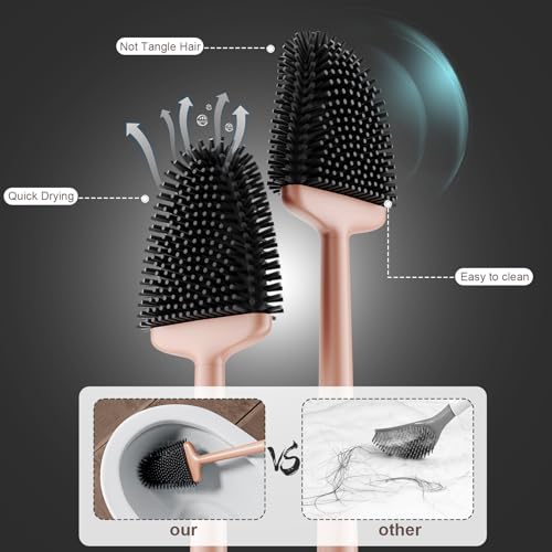 Sellemer مجموعة فرشاة المرحاض وحاملها من سيلمر - رأس فرشاة مرحاض مرن مع شعيرات سيليكون، حجم مدمج للتخزين والتنظيم، قاعدة مع فتحات تهوية (1 عبوة، ذهب وردي) - Image 3