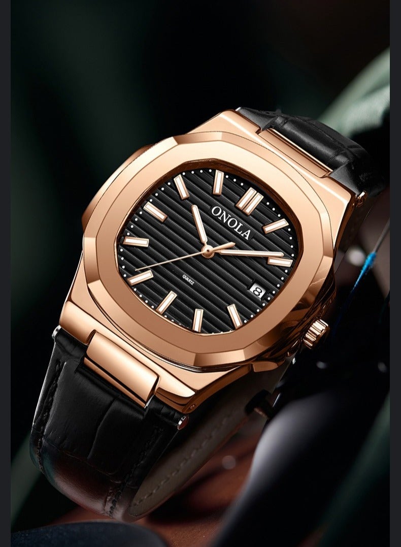 ONOLA Men's Fashion Quartz Watch - Rose Gold-Tone Case with Black Leather Strap, 30M Water Resistance, Business Casual Style, Ideal for Daily Commute, Office Meetings & Social Gatherings - Image 2