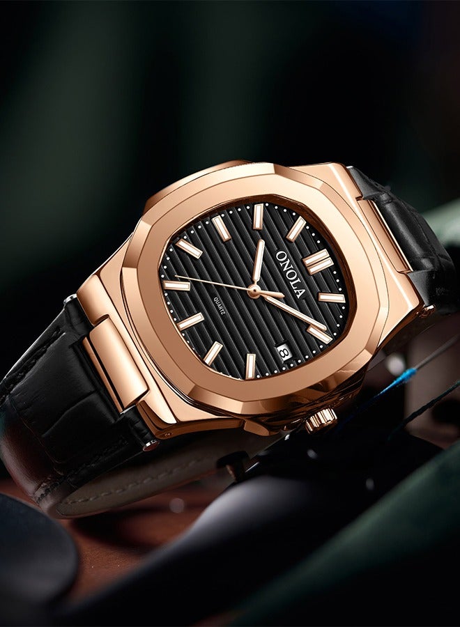 ONOLA Men's Fashion Quartz Watch - Rose Gold-Tone Case with Black Leather Strap, 30M Water Resistance, Business Casual Style, Ideal for Daily Commute, Office Meetings & Social Gatherings - Image 3