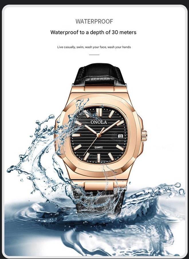 ONOLA Men's Fashion Quartz Watch - Rose Gold-Tone Case with Black Leather Strap, 30M Water Resistance, Business Casual Style, Ideal for Daily Commute, Office Meetings & Social Gatherings - Image 5