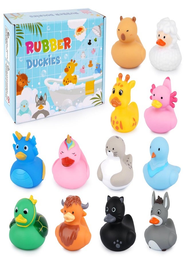 Prewplam 12PCS Rubber Ducks - Assorted Rubber Ducks with Black Cat,Highland Cow,Sheep Bath Toys,Toddler No Hole Ducks for Jeeps,Baby Bath Toys, Animal Bath Duckies for Baby Shower Pool Party Favors - Image 1