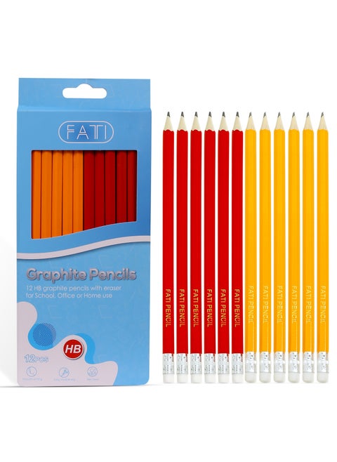 FATI HB Pencils with Rubbers - Graphite Pencils with Erasers for Writing, Drawing and Sketching – RED and YELLOW Pencils for Children - Perfect for Home School Office Classroom Supplies Pack of 12