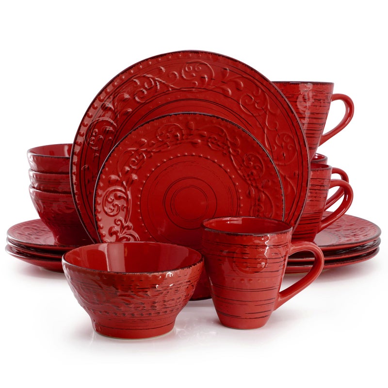 Elama Malibu Ocean Bloom 16-Piece Stoneware Embossed Pattern Reactive Glaze Red Dinnerware Set, Tableware, Serveware Set (Ocean Bloom Red) - Image 1