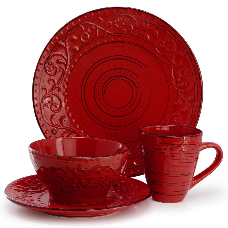 Elama Malibu Ocean Bloom 16-Piece Stoneware Embossed Pattern Reactive Glaze Red Dinnerware Set, Tableware, Serveware Set (Ocean Bloom Red) - Image 2