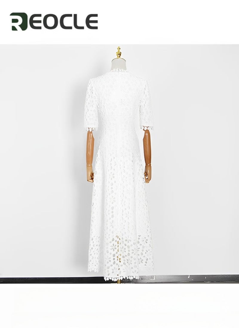 REOCLE Women's Dress with Hollow Design Solid V Neck Flared Sleeve Vintage Cocktail Dresses Loose Casual Dress Mesh Beach Dress - Image 4