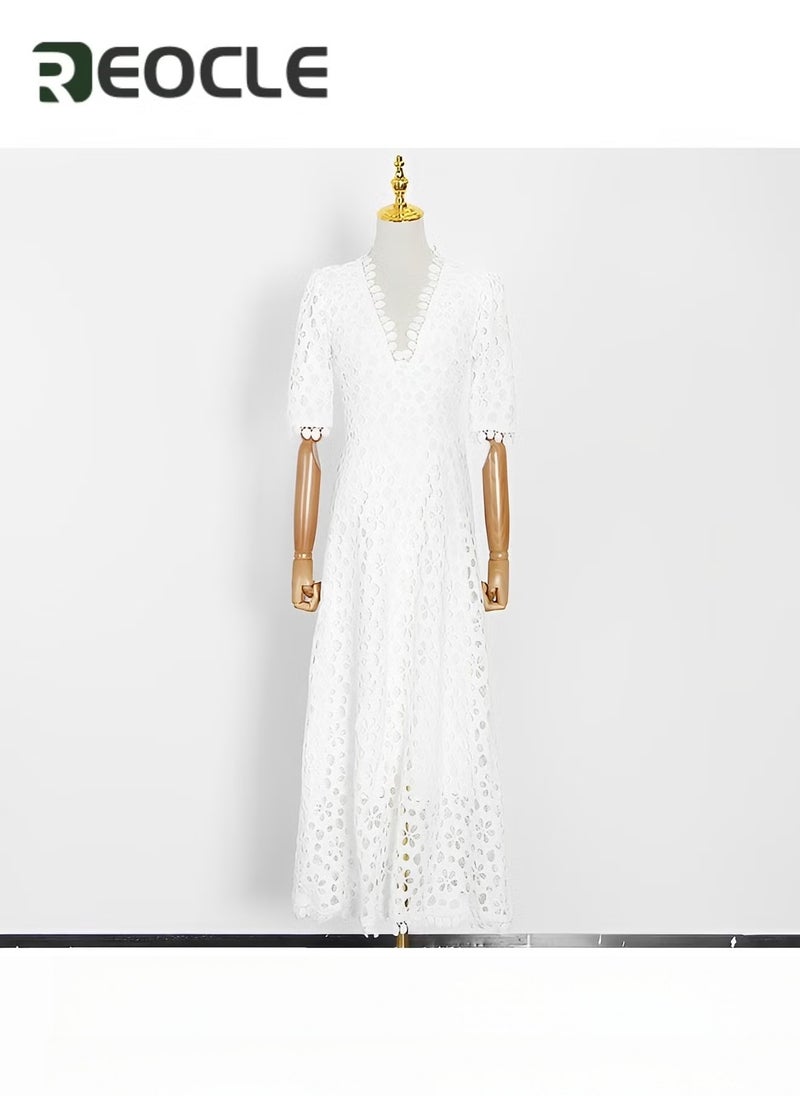 REOCLE Women's Dress with Hollow Design Solid V Neck Flared Sleeve Vintage Cocktail Dresses Loose Casual Dress Mesh Beach Dress - Image 3