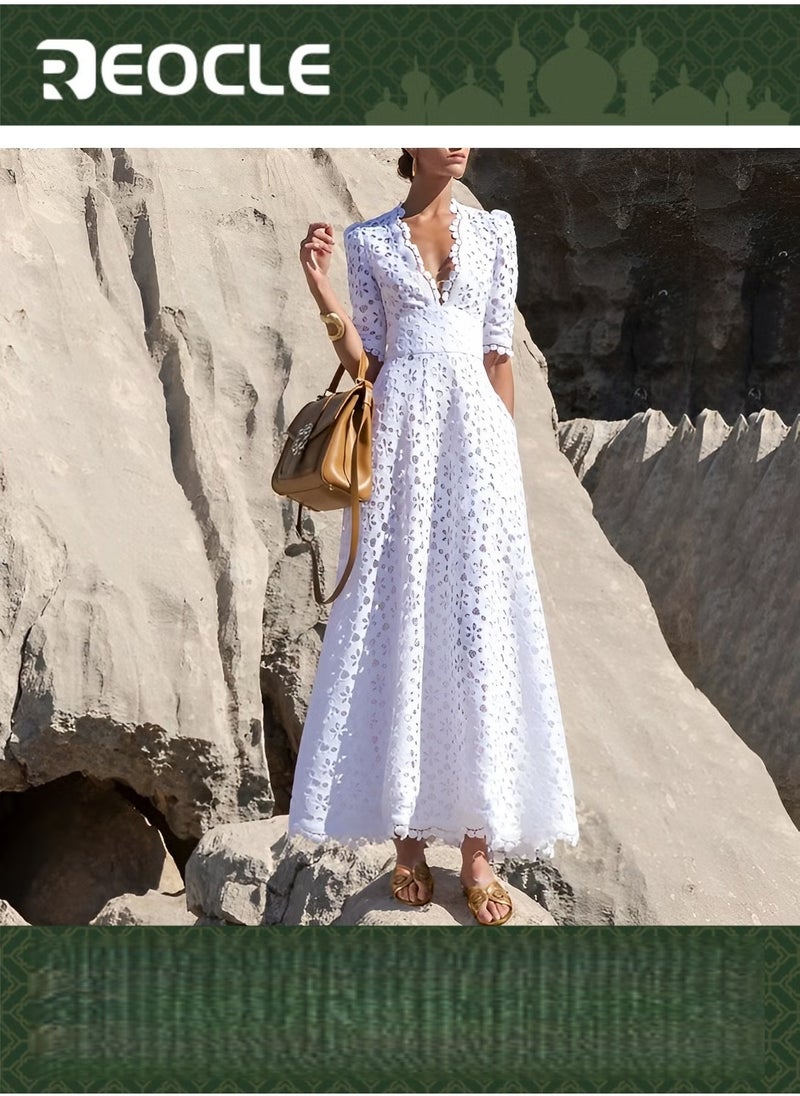 REOCLE Women's Dress with Hollow Design Solid V Neck Flared Sleeve Vintage Cocktail Dresses Loose Casual Dress Mesh Beach Dress - Image 1