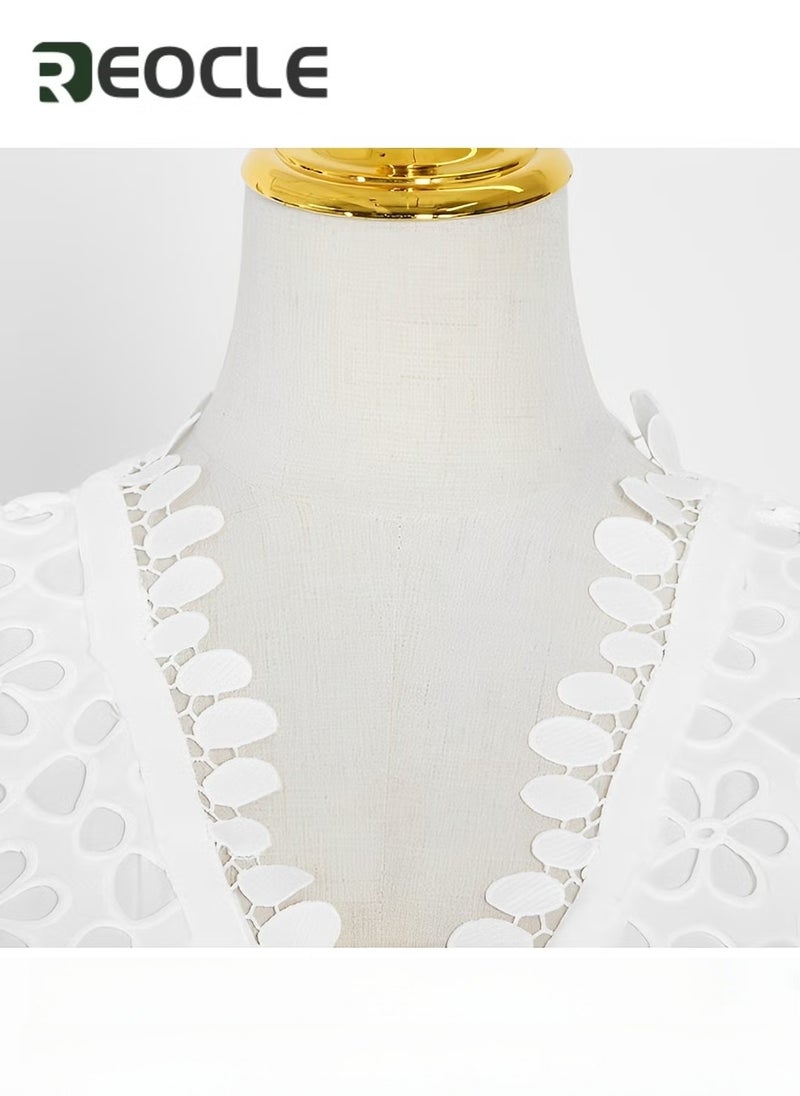 REOCLE Women's Dress with Hollow Design Solid V Neck Flared Sleeve Vintage Cocktail Dresses Loose Casual Dress Mesh Beach Dress - Image 5