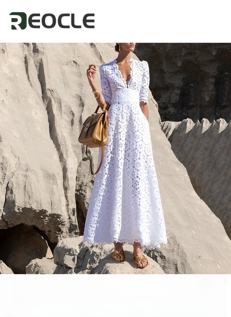 REOCLE Women's Dress with Hollow Design Solid V Neck Flared Sleeve Vintage Cocktail Dresses Loose Casual Dress Mesh Beach Dress - Image 2