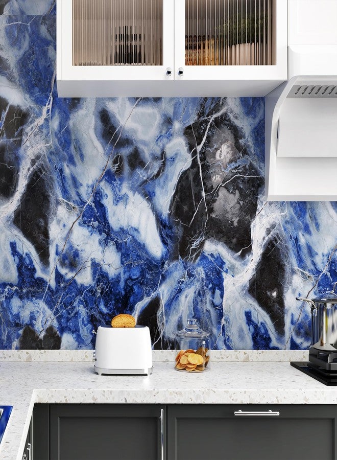 Wallercity Glossy Blue Marble Contact Paper Peel and Stick Countertops Waterproof Self Adhesive Marble Wallpaper for Kitchen Bathroom 15.8''x236'' Removable Vinyl Wall Paper Wrap for Cabinet Table Top - Image 2